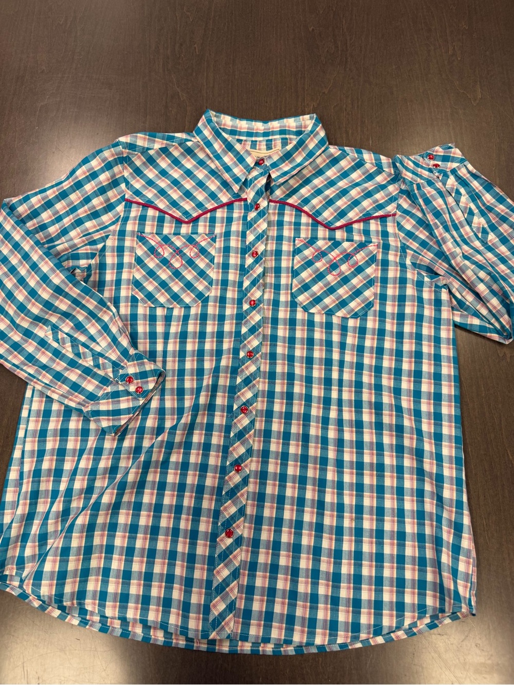 Bit & Bridle Teal, White and Pink Plaid Western Pearl Snap Shirt